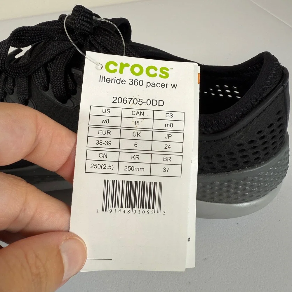 NEW Crocs LiteRide 360 Pacer Sneakers Size 8 Black Lace Up Lightweight NWT